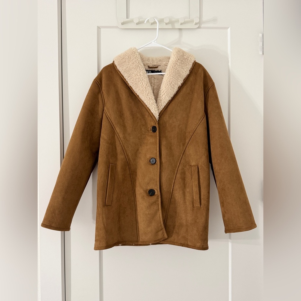 ZARA Camel Faux Suede Button Up Winter Coat